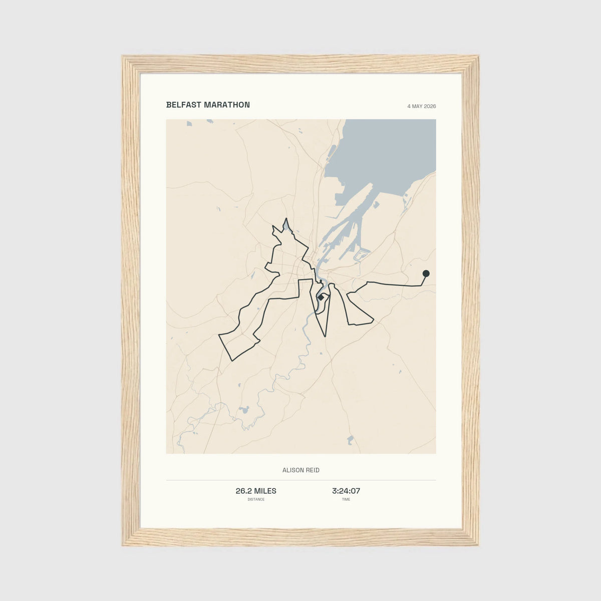 Personalised route map print in an oak coloured frame, A4 portrait