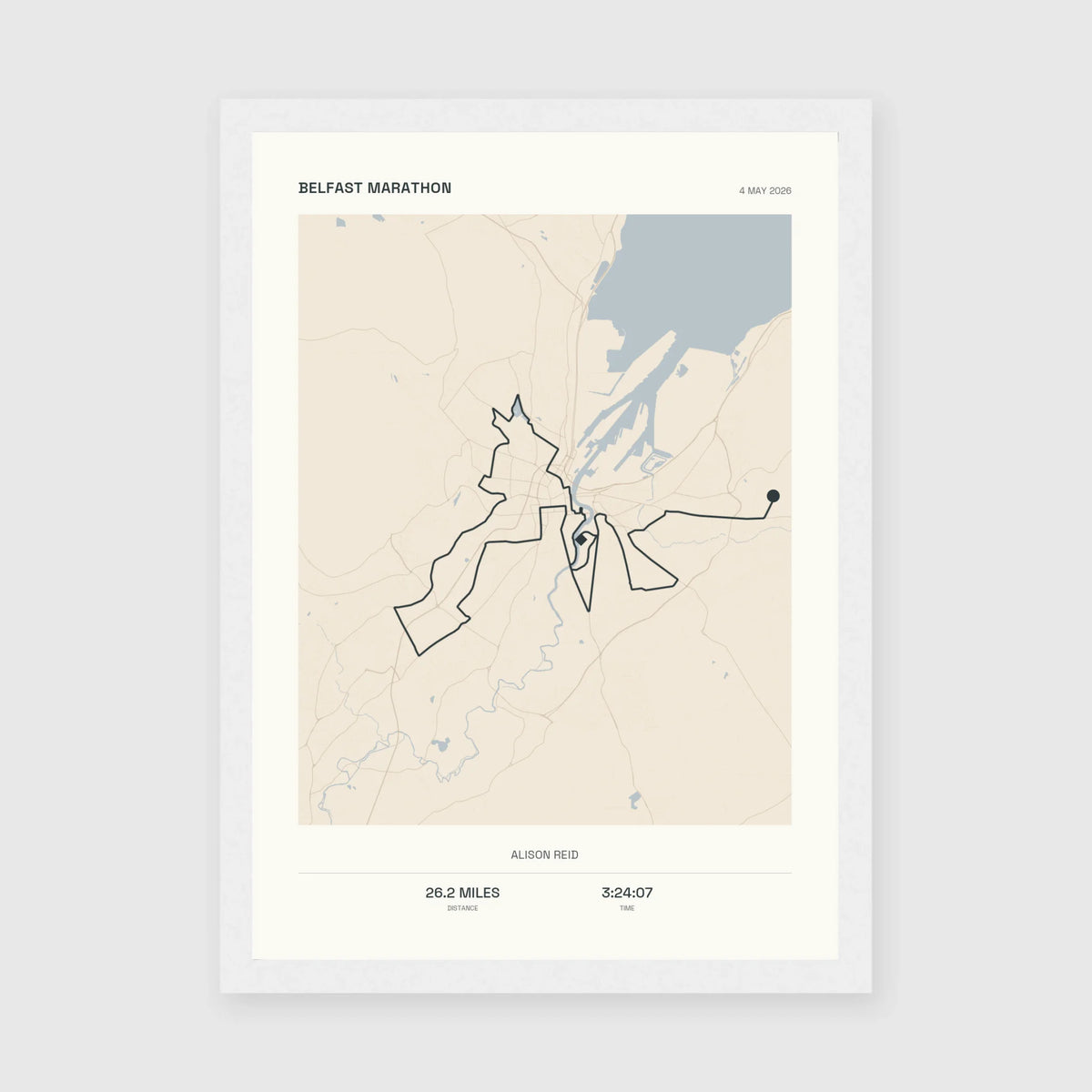 Personalised route map print in a white frame, A4 portrait