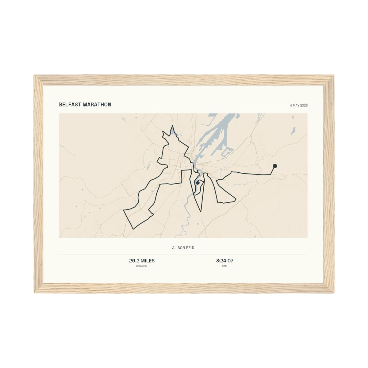 Personalised route map print in an oak coloured frame, A4 landscape