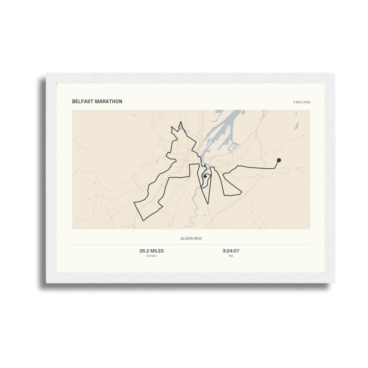 Personalised route map print in a white frame, A4 landscape