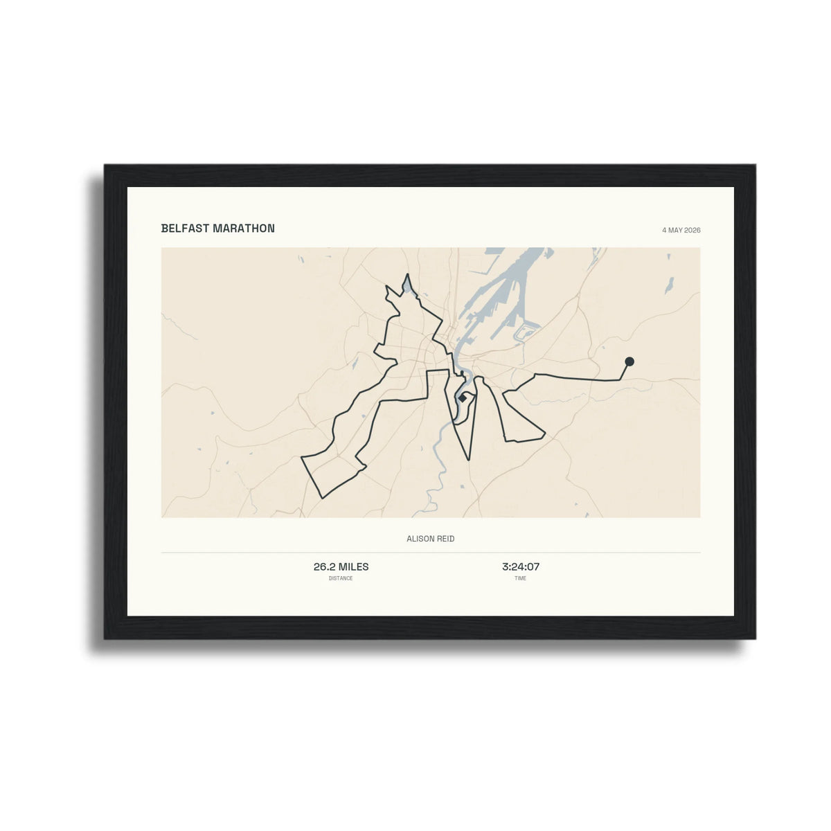 Personalised route map print in a black frame, A4 landscape