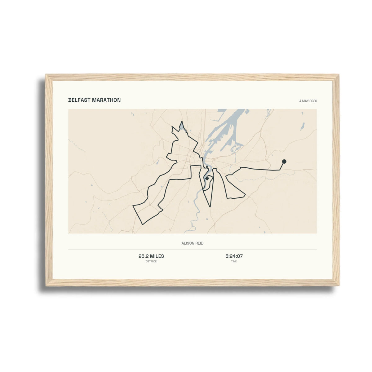 Personalised route map print in an oak coloured frame, A3 landscape