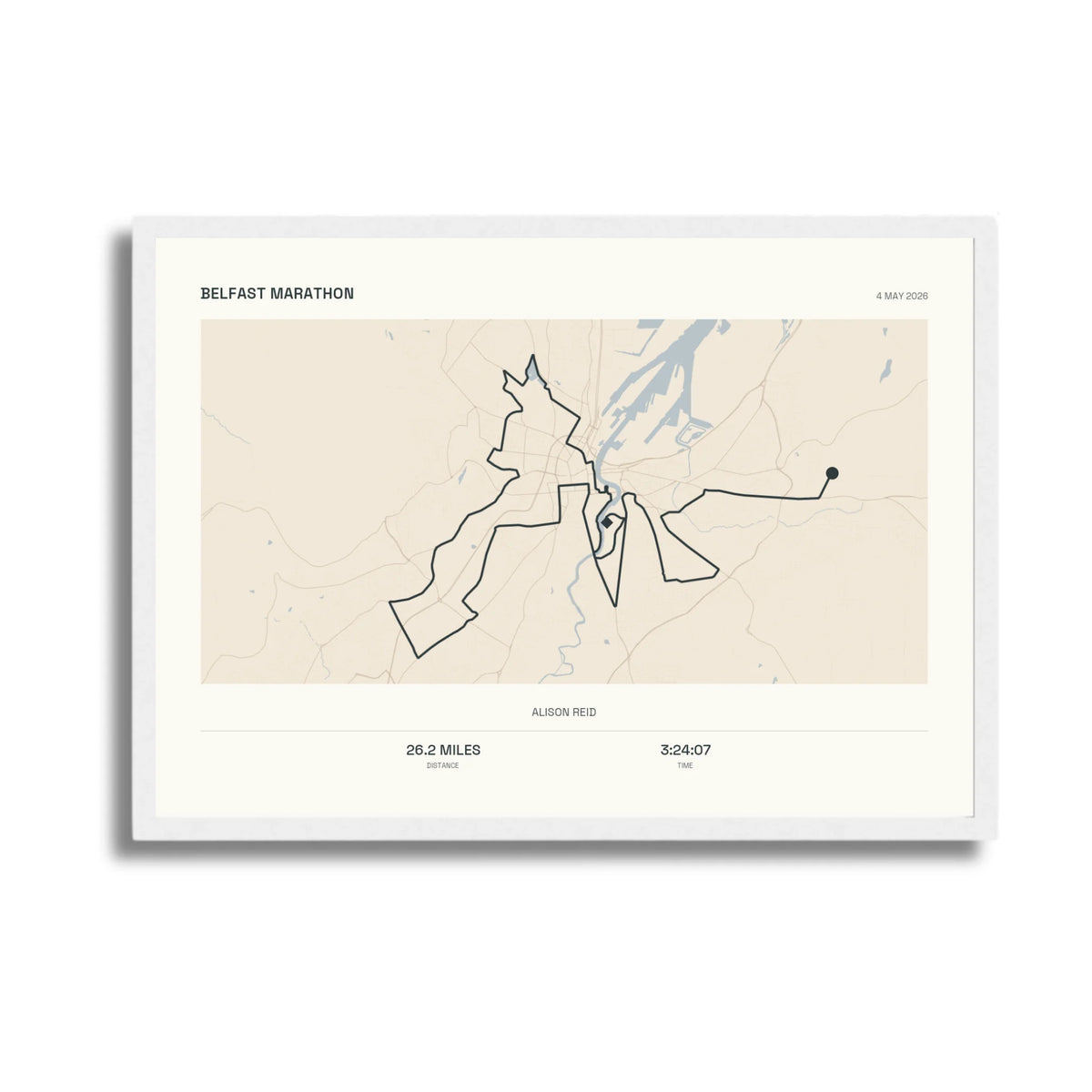 Personalised route map print in a white frame, A3 landscape