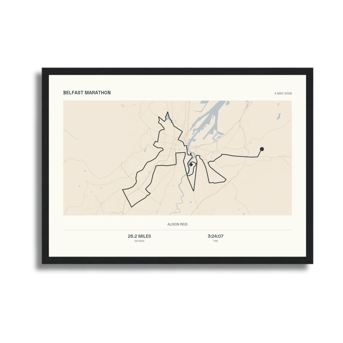 Personalised route map print in a black frame, A3 landscape