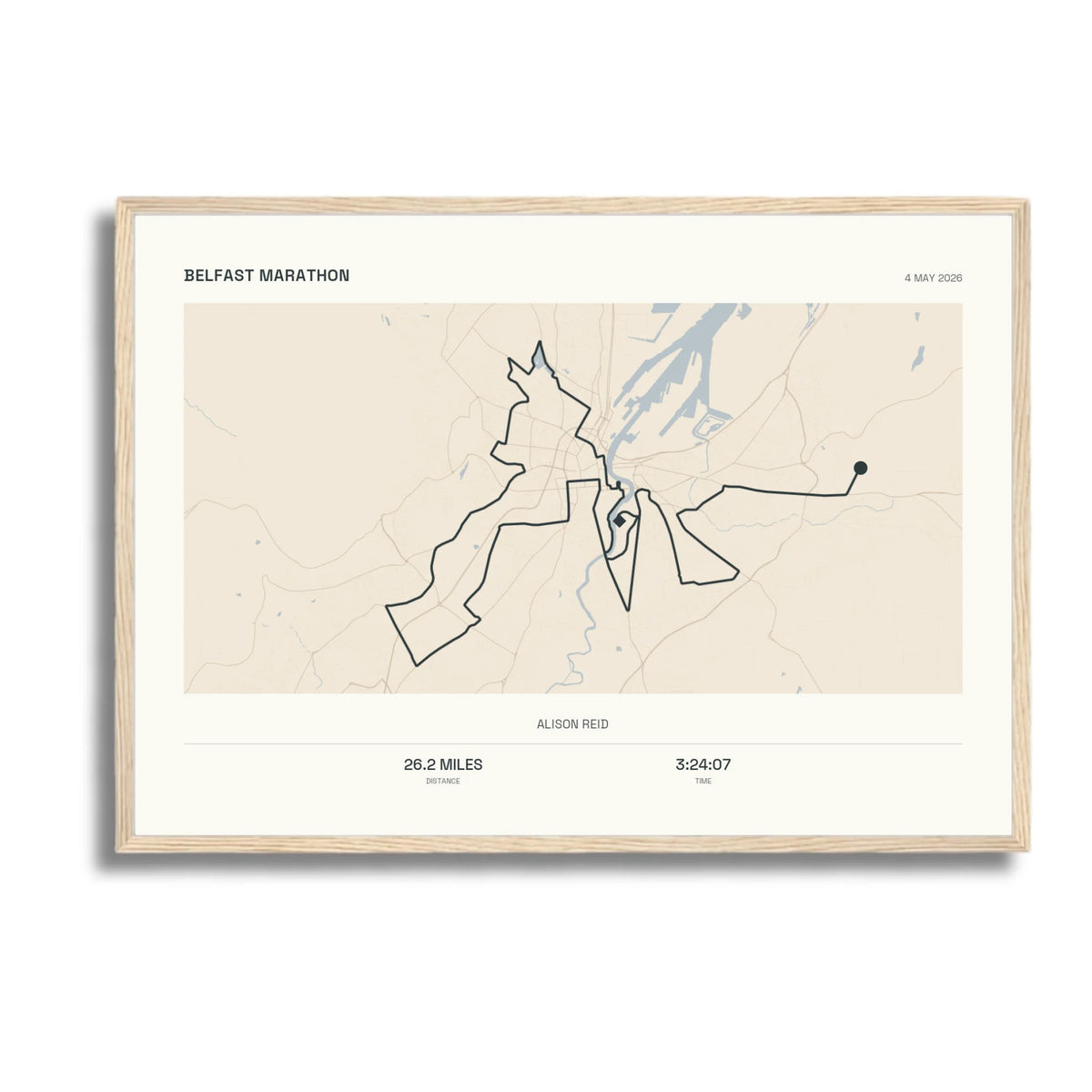 Personalised route map print in an oak coloured frame, A2 landscape