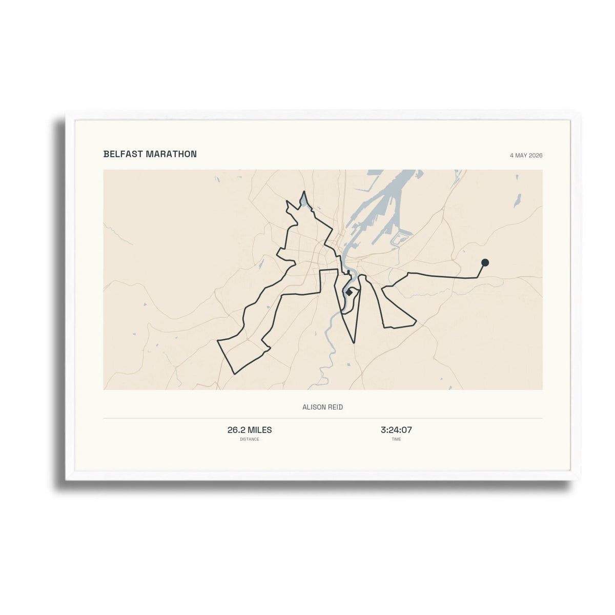 Personalised route map print in a white frame, A2 landscape