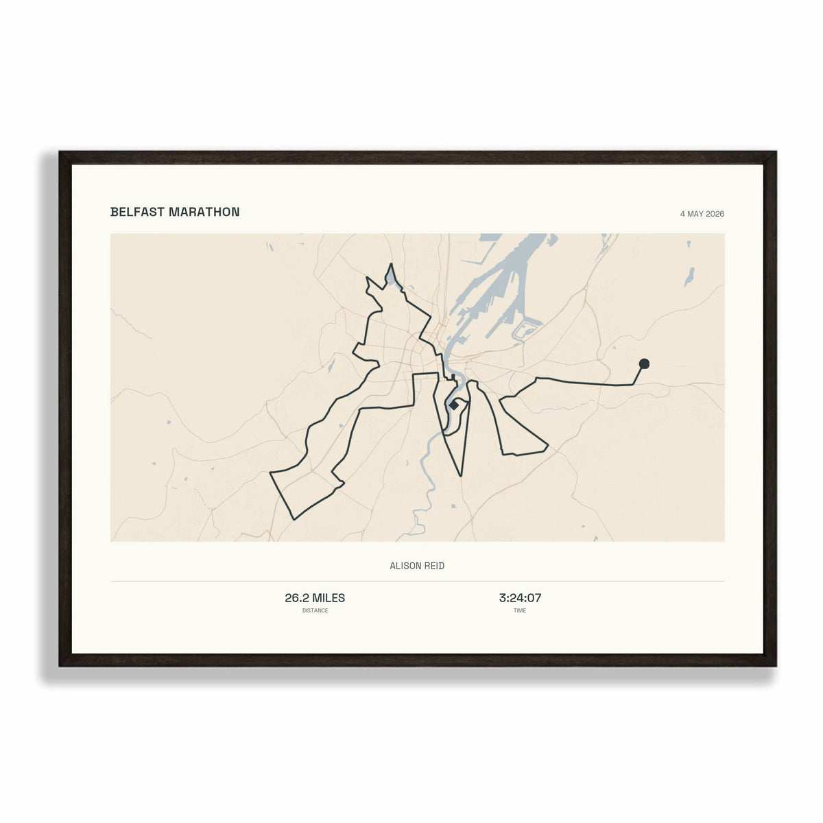 Personalised route map print in a black frame, A2 landscape
