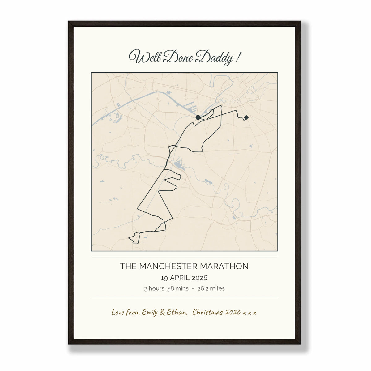 Personalised route map print in a black frame, A2 portrait