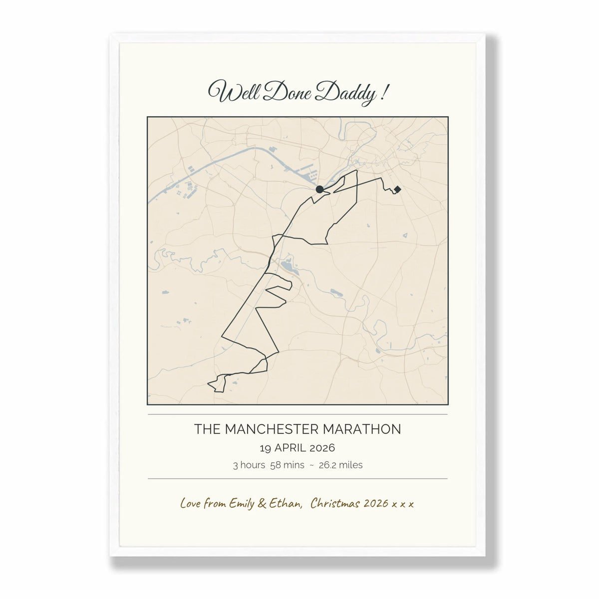 Personalised route map print in a white frame, A2 portrait