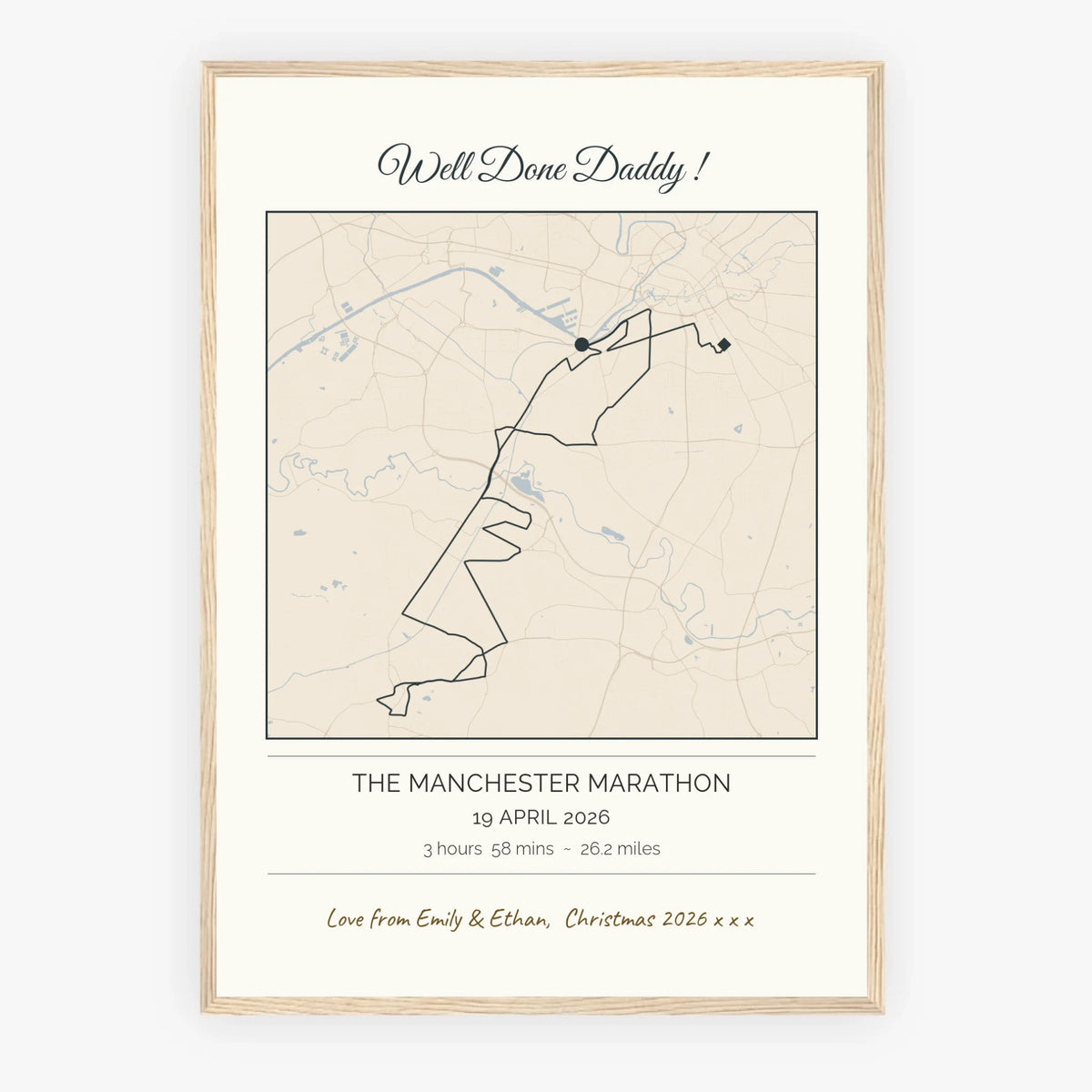 Personalised route map print in an oak coloured frame, A2 portrait