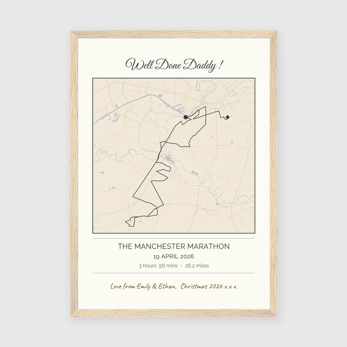 Personalised route map print in an oak coloured frame, A3 portrait