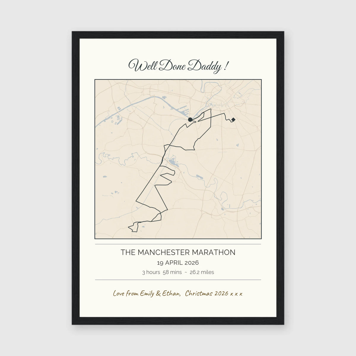 Personalised route map print in a black frame, A3 portrait