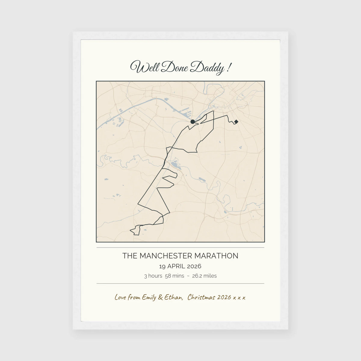 Personalised route map print in a white frame, A3 portrait