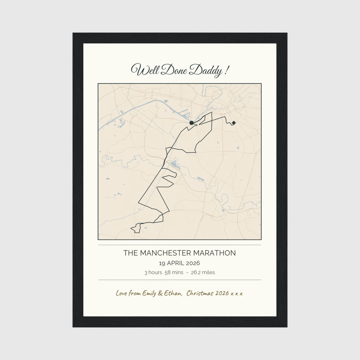 Personalised route map print in a black frame, A4 portrait