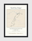 Personalised route map print in a black frame, A4 portrait