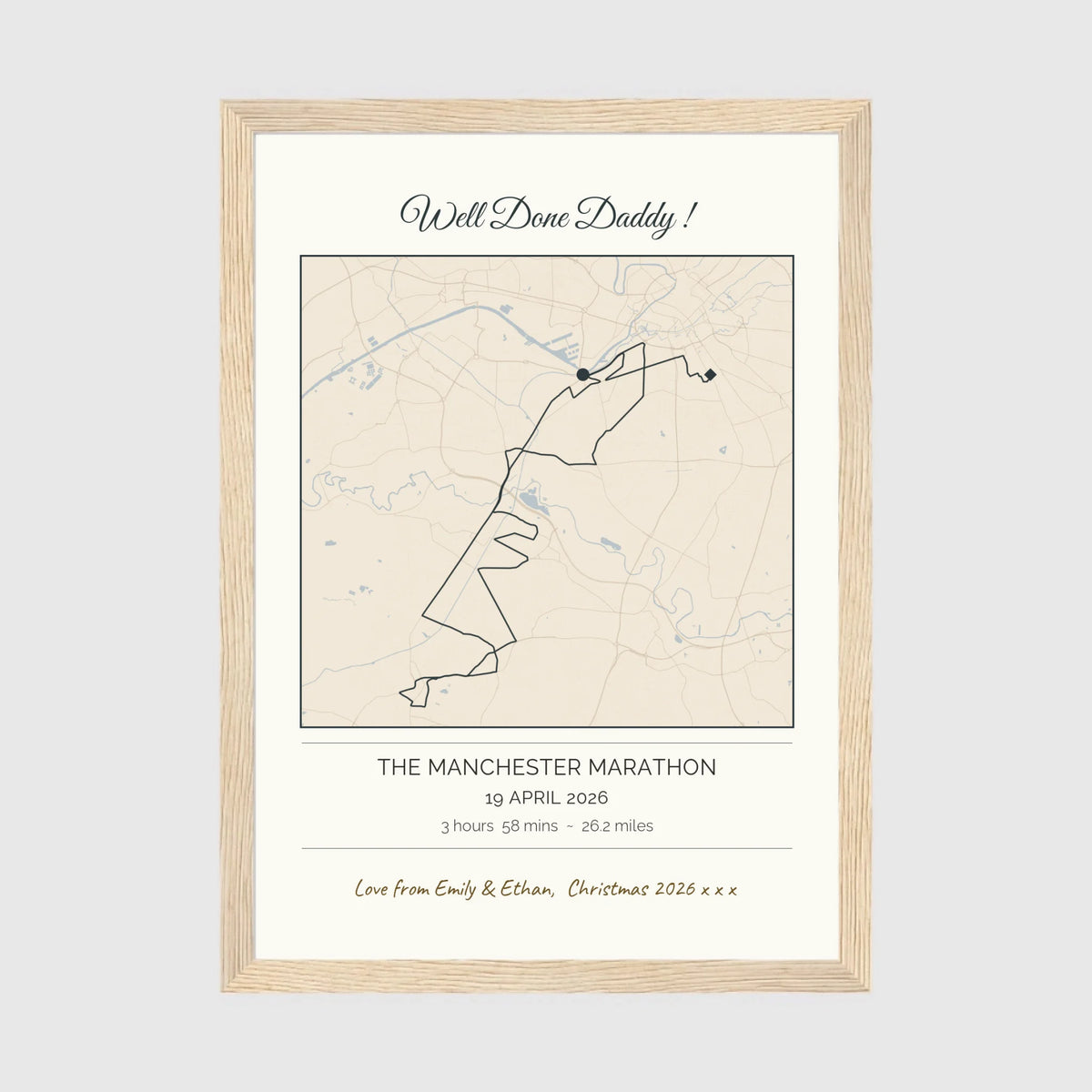 Personalised route map print in an oak coloured frame, A4 portrait