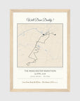 Personalised route map print in an oak coloured frame, A4 portrait