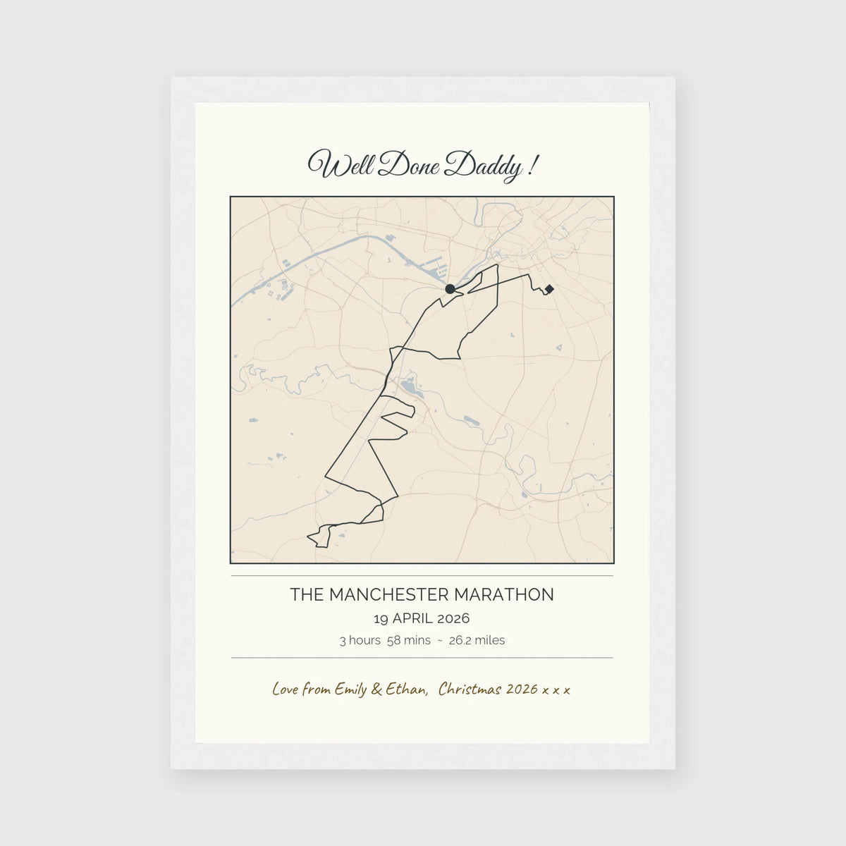 Personalised route map print in a white frame, A4 portrait
