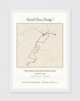 Personalised route map print in a white frame, A4 portrait