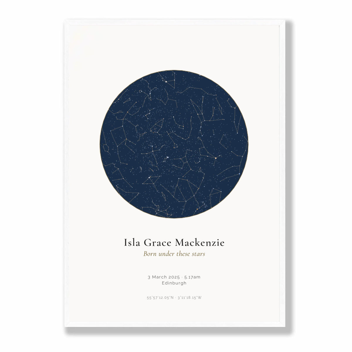 Personalised star map print, Jewel, in a white frame, A2 portrait