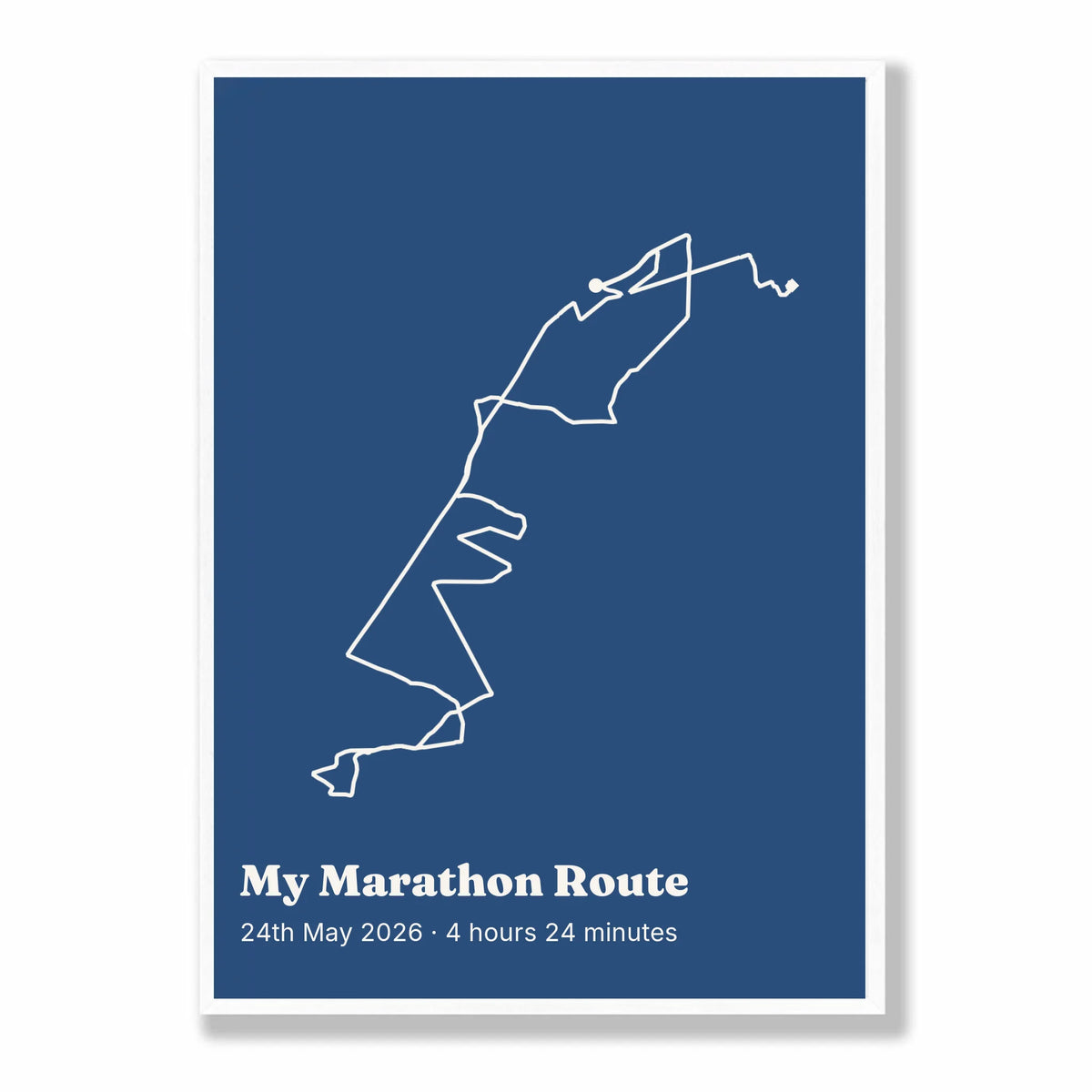 Personalised route trace print, in a white frame, A2 portrait