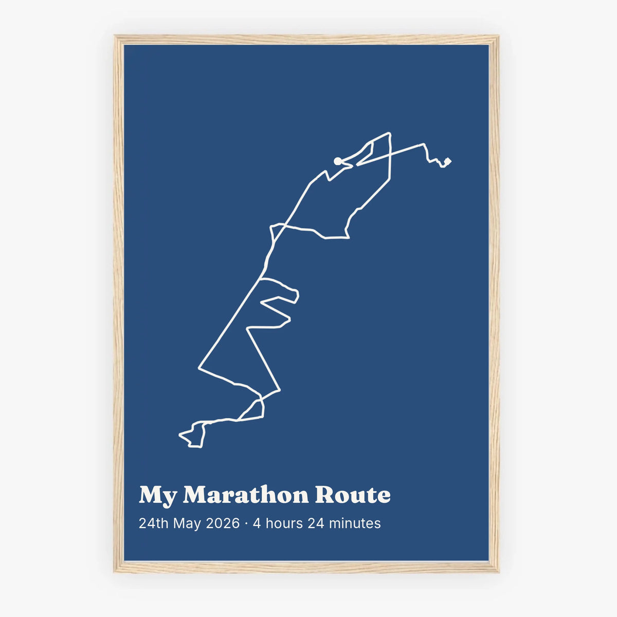 Personalised route trace print, in an oak coloured frame, A2 portrait