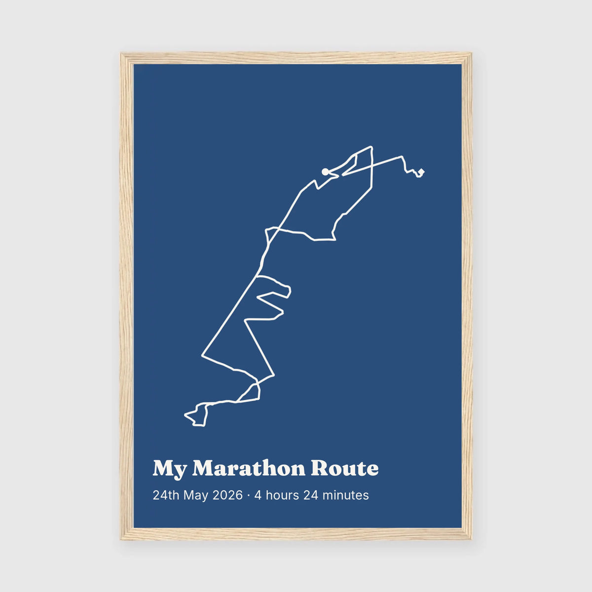 Personalised route trace print, in an oak coloured frame, A3 portrait