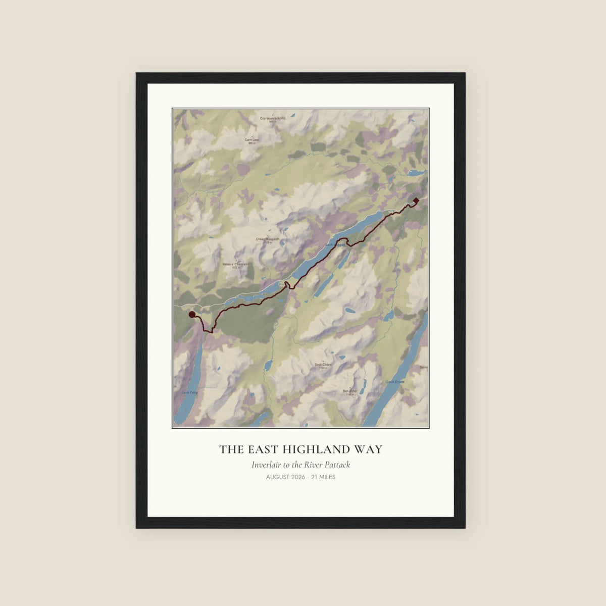 Personalised route map print in the Daylight edition, Bracken map style, showing a walking route across the East Highland Way, in a black frame, A2 portrait.