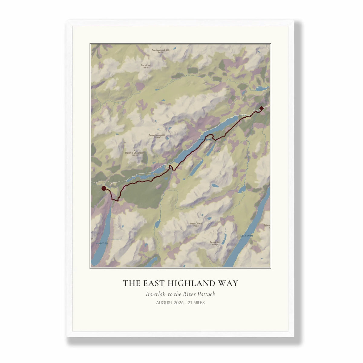 Personalised route map print in a white frame, A2 portrait