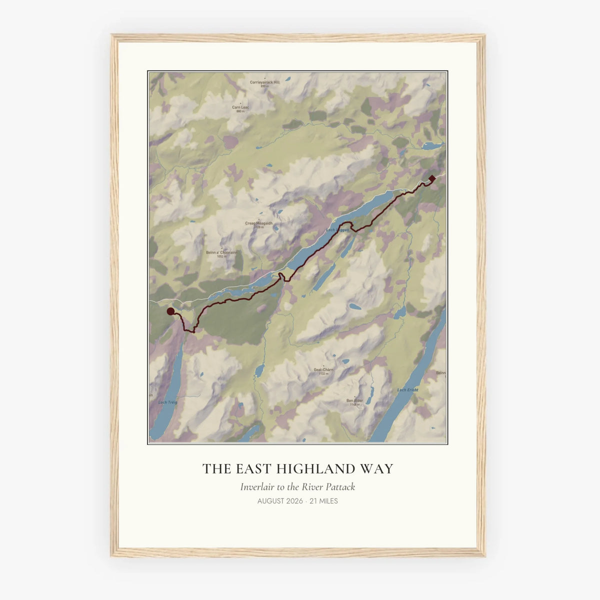 Personalised route map print in an oak coloured frame, A2 portrait