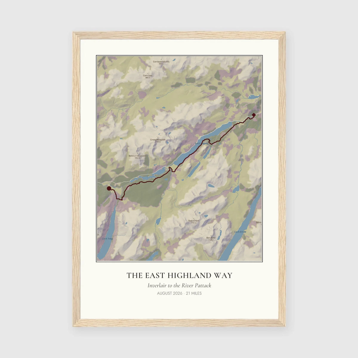 Personalised route map print in an oak coloured frame, A3 portrait