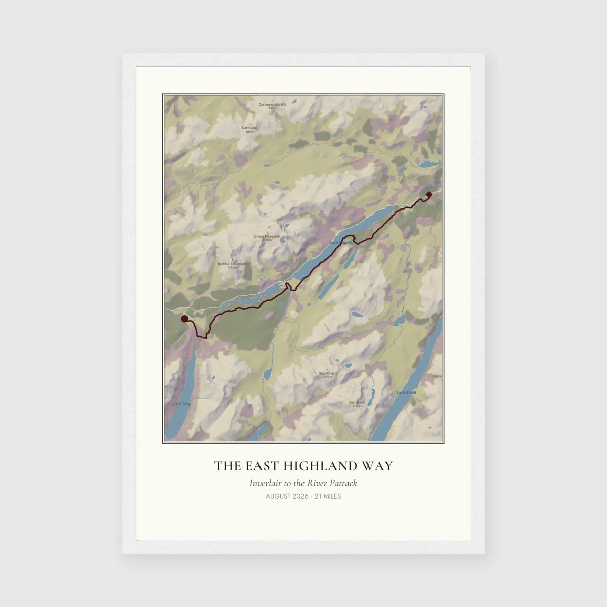 Personalised route map print in a white frame, A3 portrait