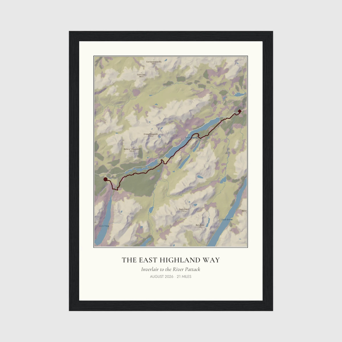 Personalised route map print in a black frame, A4 portrait