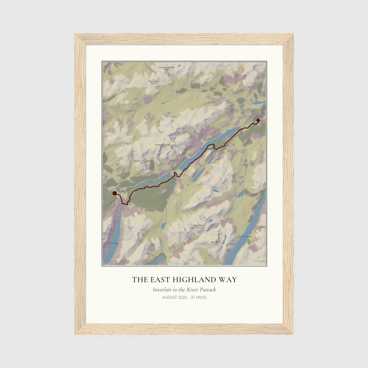 Personalised route map print in an oak coloured frame, A4 portrait