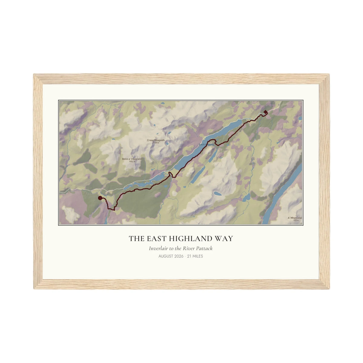 Personalised route map print in an oak coloured frame, A4 landscape