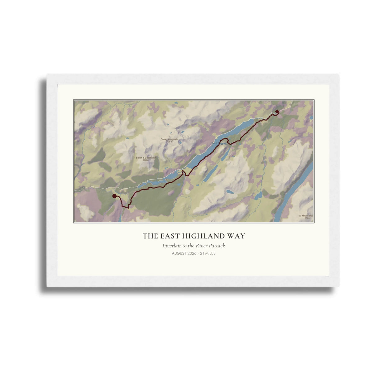 Personalised route map print in a white frame, A4 landscape