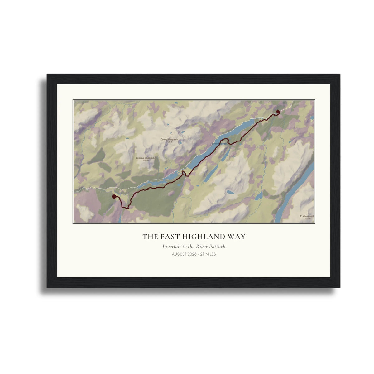 Personalised route map print in a black frame, A4 landscape
