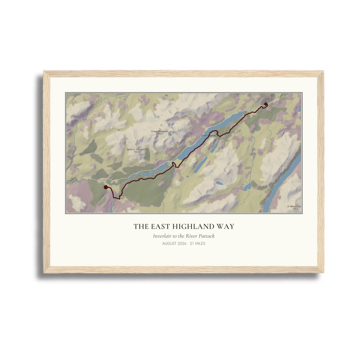 Personalised route map print in an oak coloured frame, A3 landscape