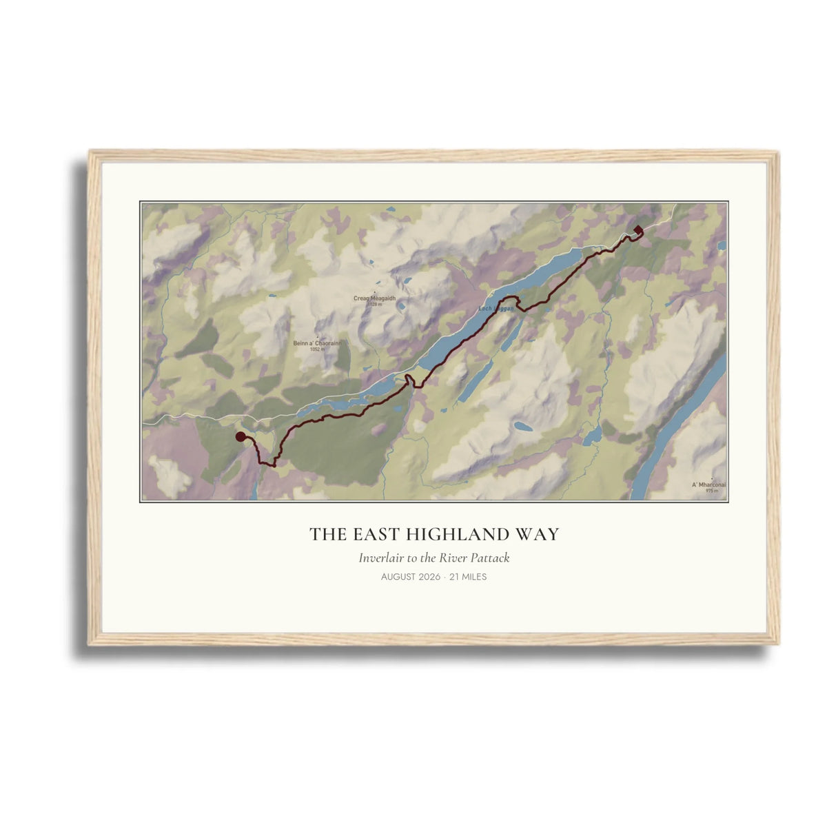 Personalised route map print in an oak coloured frame, A2 landscape
