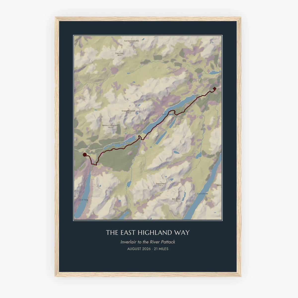 Personalised route map print in an oak coloured frame, A2 portrait