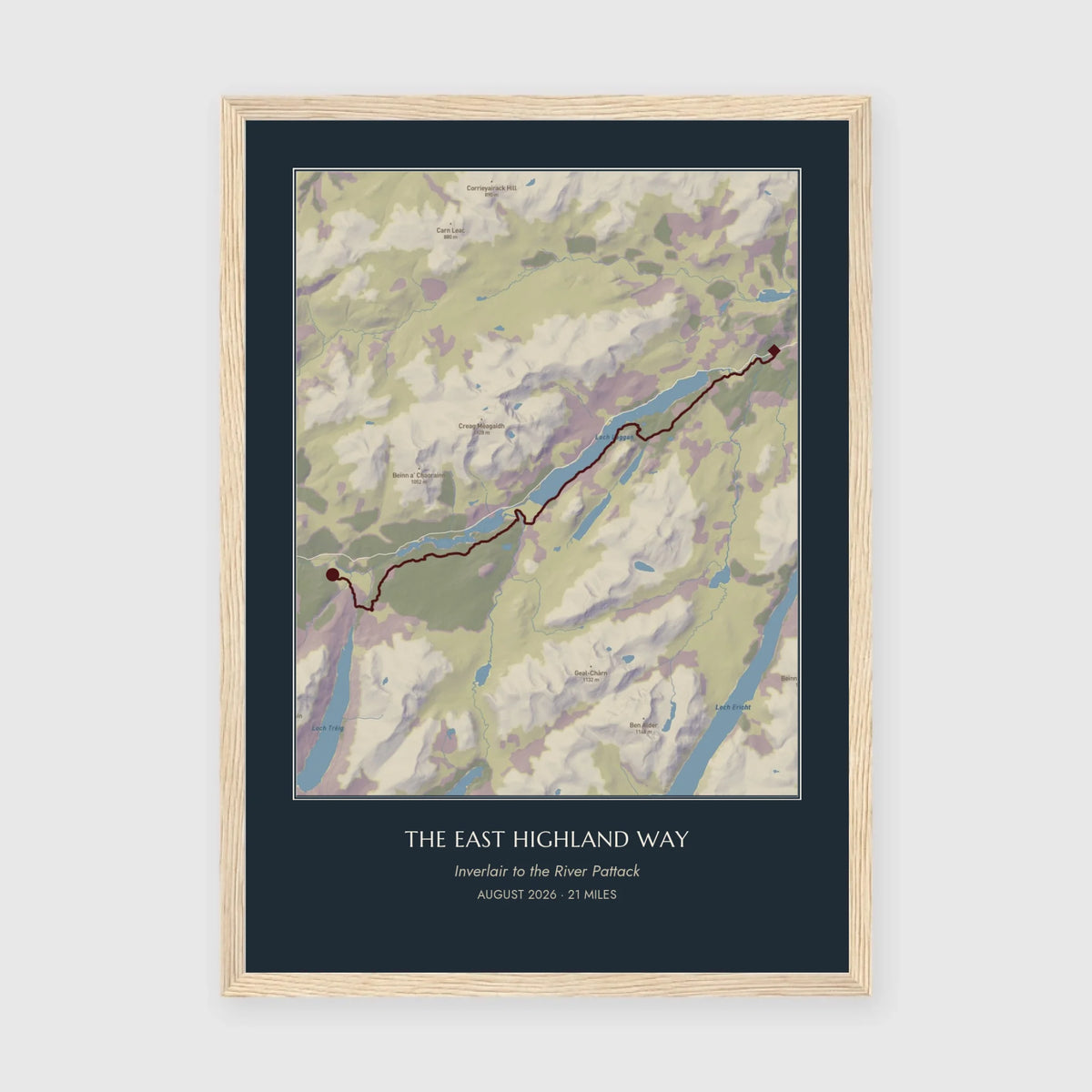 Personalised route map print in an oak coloured frame, A3 portrait