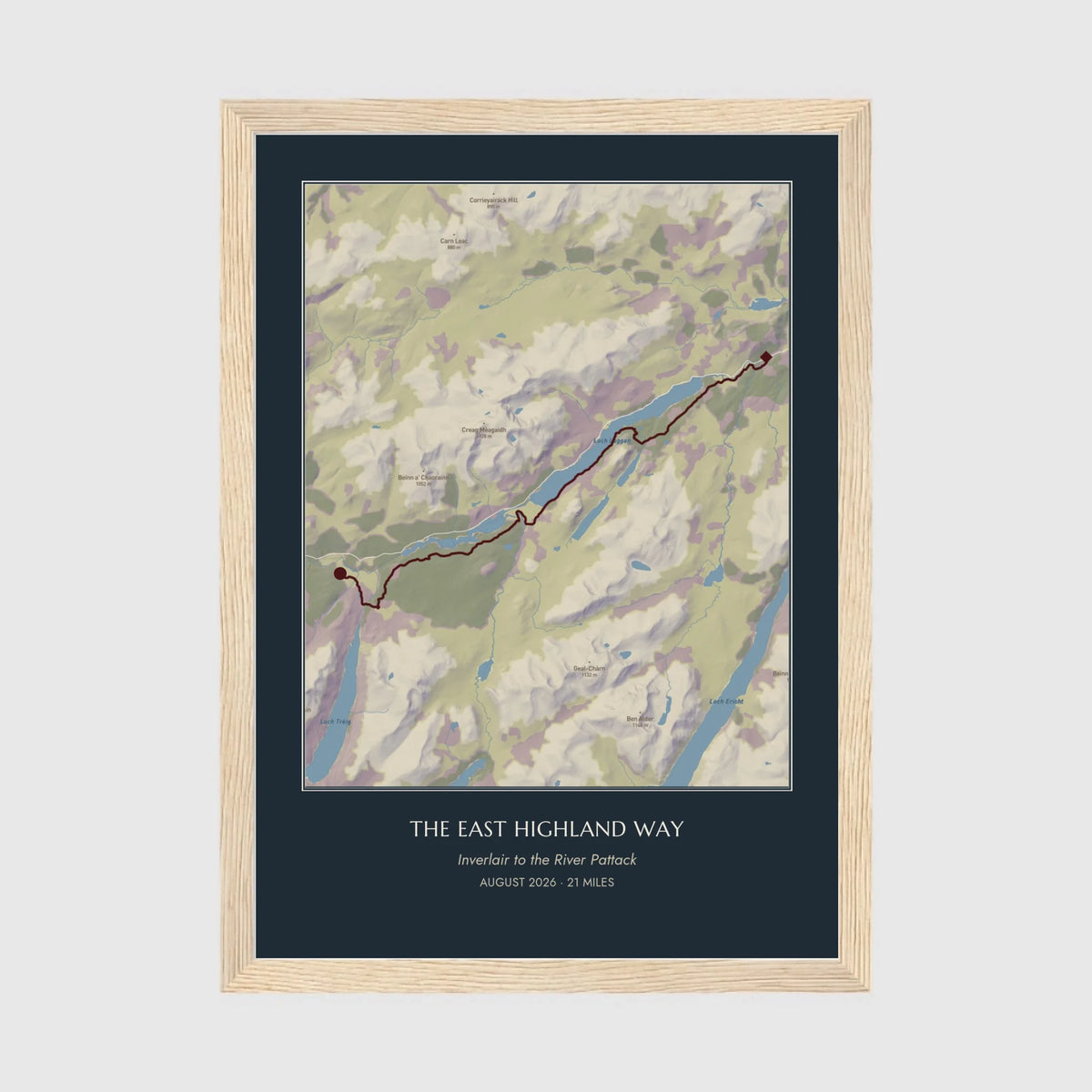 Personalised route map print in an oak coloured frame, A4 portrait