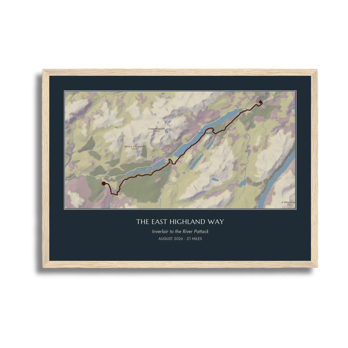 Personalised route map print in an oak coloured frame, A3 landscape