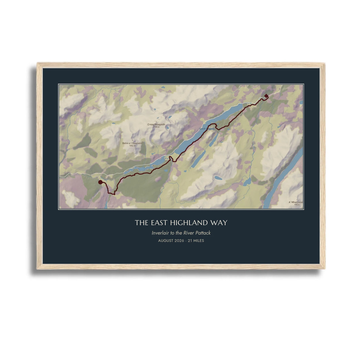 Personalised route map print in an oak coloured frame, A2 landscape
