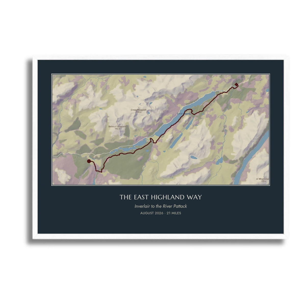 Personalised route map print in a white frame, A2 landscape