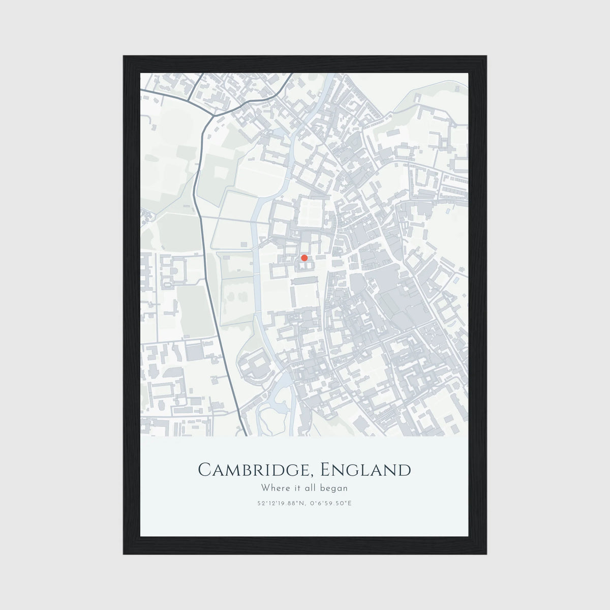 Personalised map print, in a black frame, A4 portrait