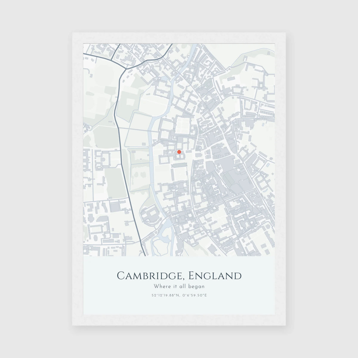 Personalised map print, in a white frame, A4 portrait