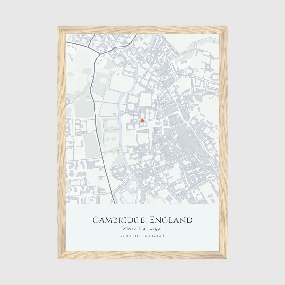 Personalised map print, in an oak coloured frame, A4 portrait