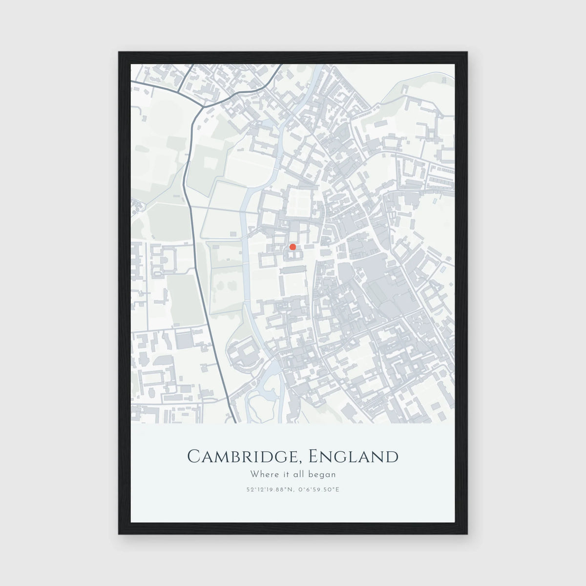Personalised map print, in a black frame, A3 portrait