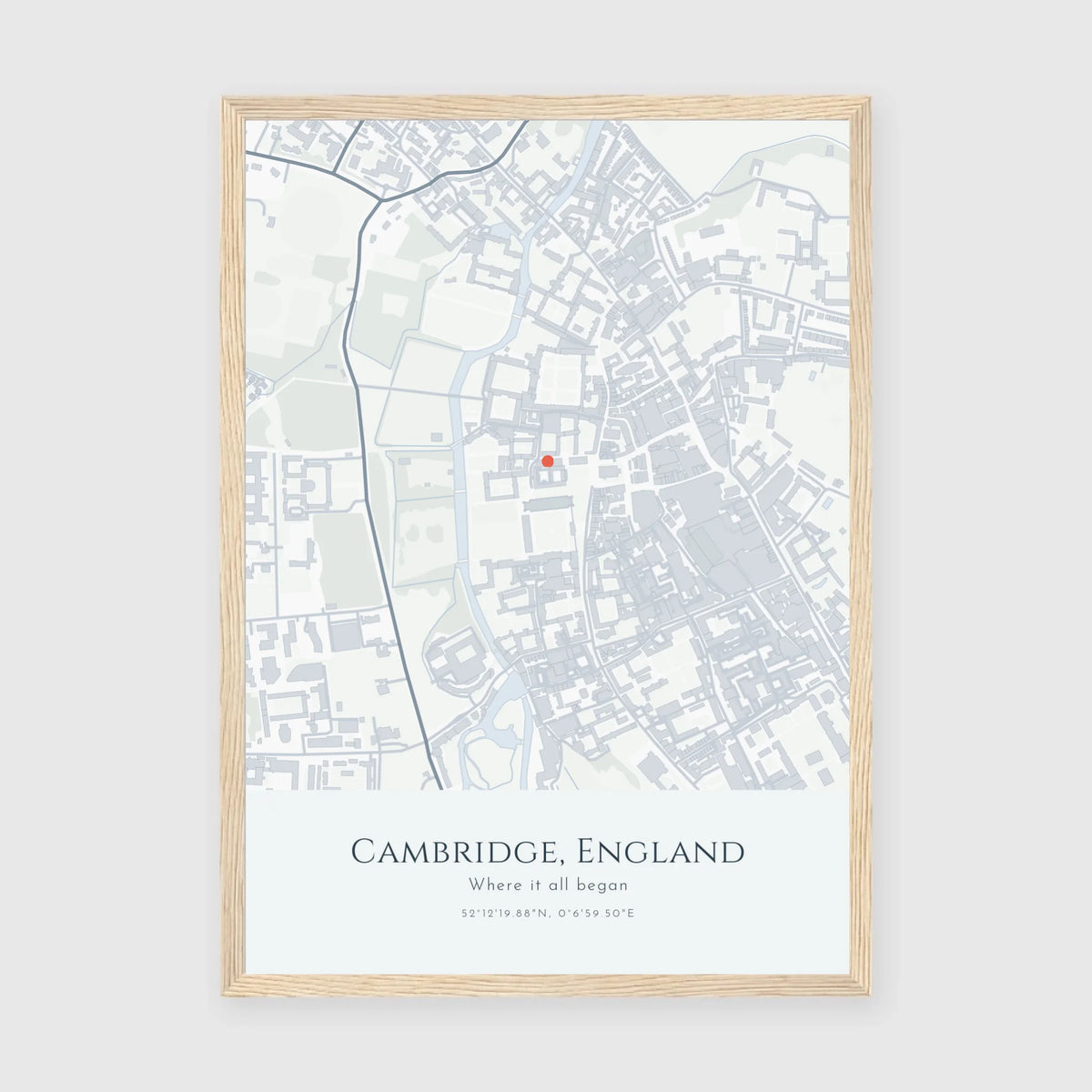 Personalised map print, in an oak coloured frame, A3 portrait